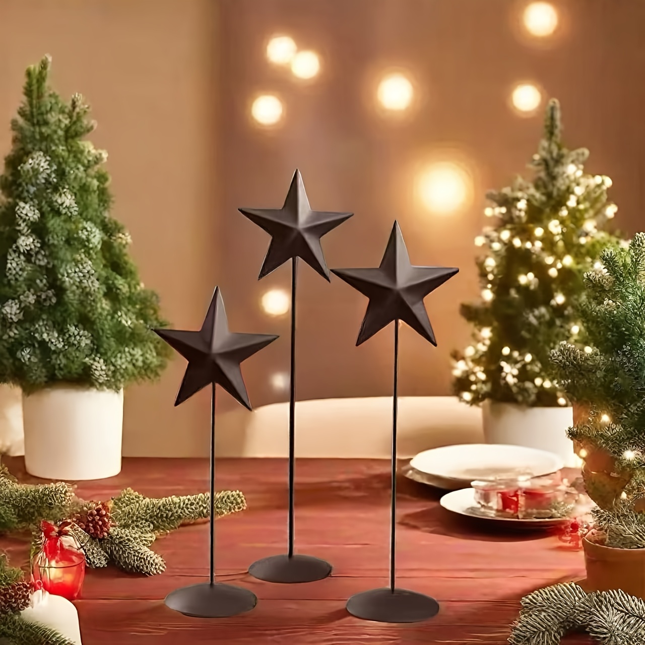 Image of Set Of 3 Five-pointed Star Stand Decor - Heavy-duty Iron Stars Suitable For / Use, Rustic Christmas & Decoration, Metal Accent Pieces For, Table Centerpiece,, Mantel