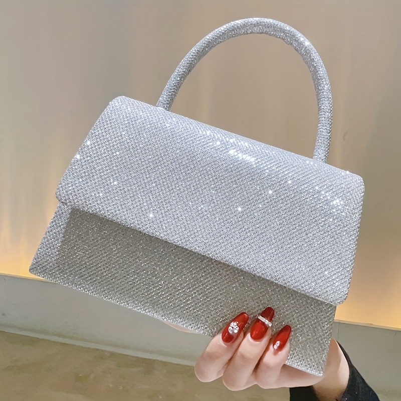 Image of Silvery Evening Clutch Purse Sparkly Party Handbag Evening Small Bridal Wedding Wallet Women Prom