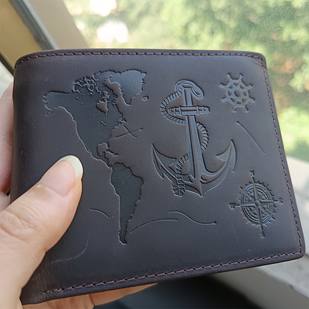 TEMU Genuine Leather Men's Wallet, Anchor Map Embossed Bifold Wallet, Daily And Casual Use, Large Capacity Wallet