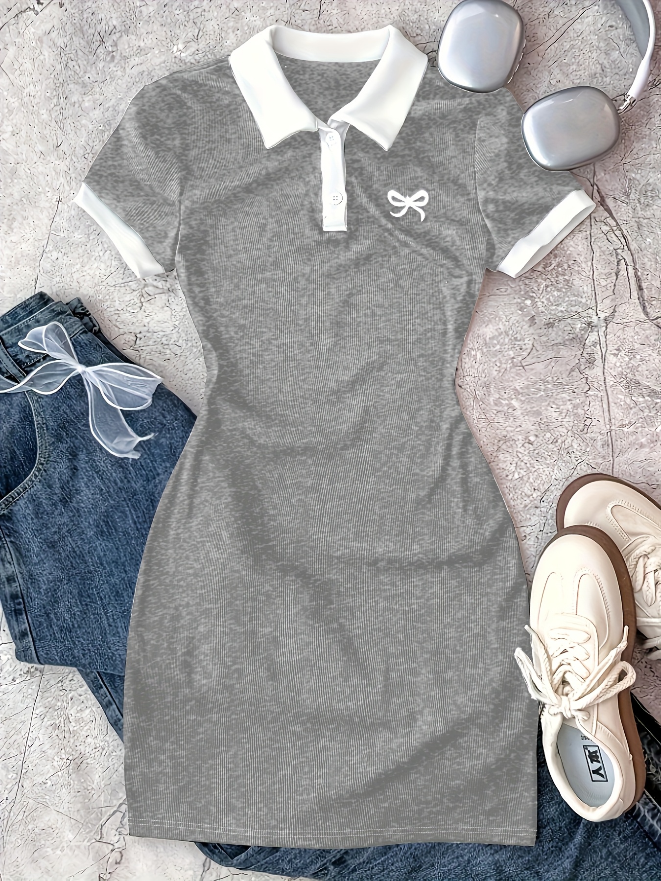 Women's Y2K Collar Bow & colorblock Dress with Collar - Short/medium/ Length Suitable for Parties, Weddings, Casual Attire - Machine Washable Fitted Dress with Bow Embellishment & Color-Block Design - Women's Fashion