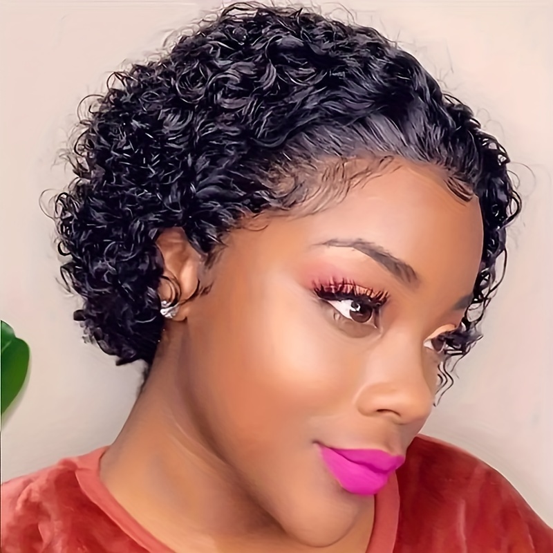 womens curly wave short cut wig 150 density human hair lace front 13x1 natural black glueless water wave suitable for african women details 0