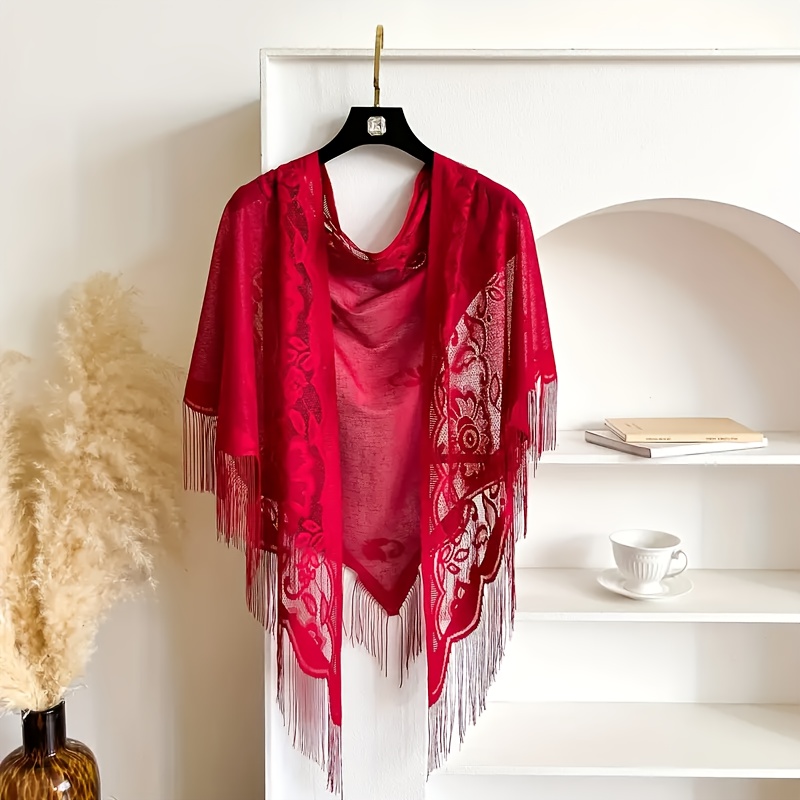 TEMU Elegant And Sophisticated Women' Shawl | Vintage Floral Cut-out Pattern + Fringe Trim | Sheer Mesh Style | Elegant Decorative Triangle Scarf |