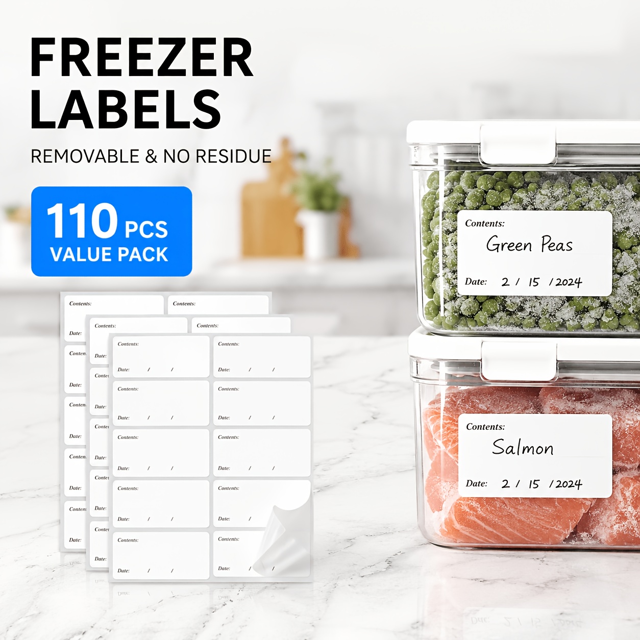 TEMU Étiquettes pour congélateur, 110 pièces, adaptées aux contenants, bocaux et préparation de repas - Autocollants alimentaires amovibles résidu