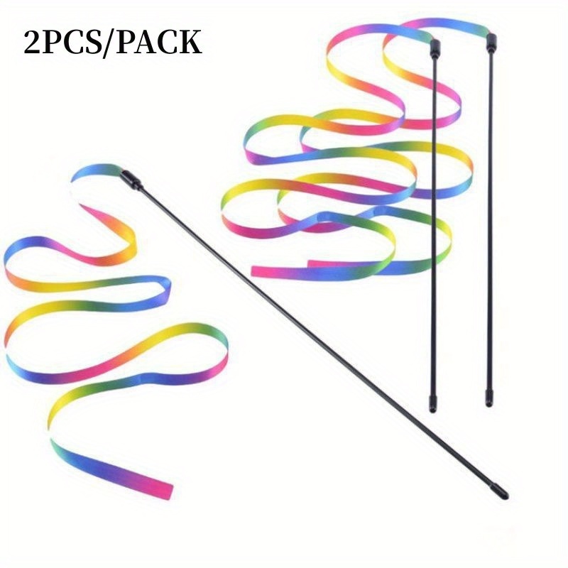 2 bucăți Jucării pentru Pisici cu Panglică Curcubeu - Baghetă Interactivă din Plastic pentru Pisoi, Model Geometric Colorat, Distracție Fără Baterii pentru Pisicile de Interior, Design Vesel, Panglică Colorată