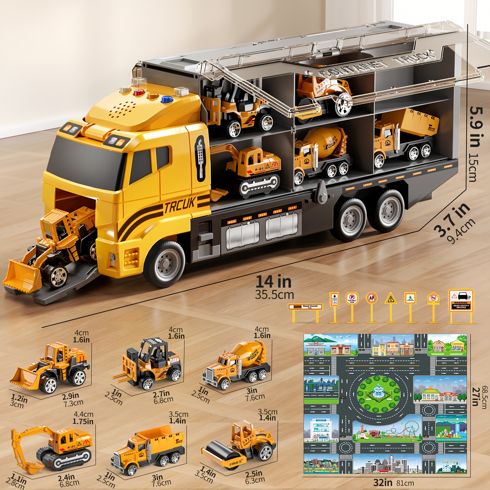 Image of 7-in-1 Construction Car Transport Truck Toy Set, Multi-functional Container Truck & Game Mat & 7 Die-cast Metal Construction Vehicle, Gift For Aged 3+, Birthday Christmas Holiday Gift