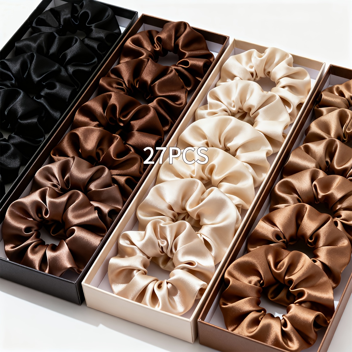 TEMU A Set Of 27 Simple Satin Scrunchies In Random Colors - Mocha Neutral Tone Scrunchies | Black, Brown, Beige, And Khaki | Versatile Hair