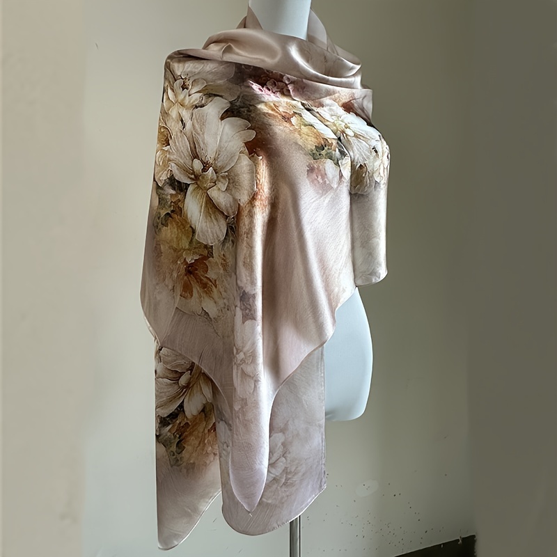 

Elegant Floral Print Silk Shawl For Women - Breathable & Casual Silk Wrap - Plant Patterned Decorative Weekend Scarf With Printing