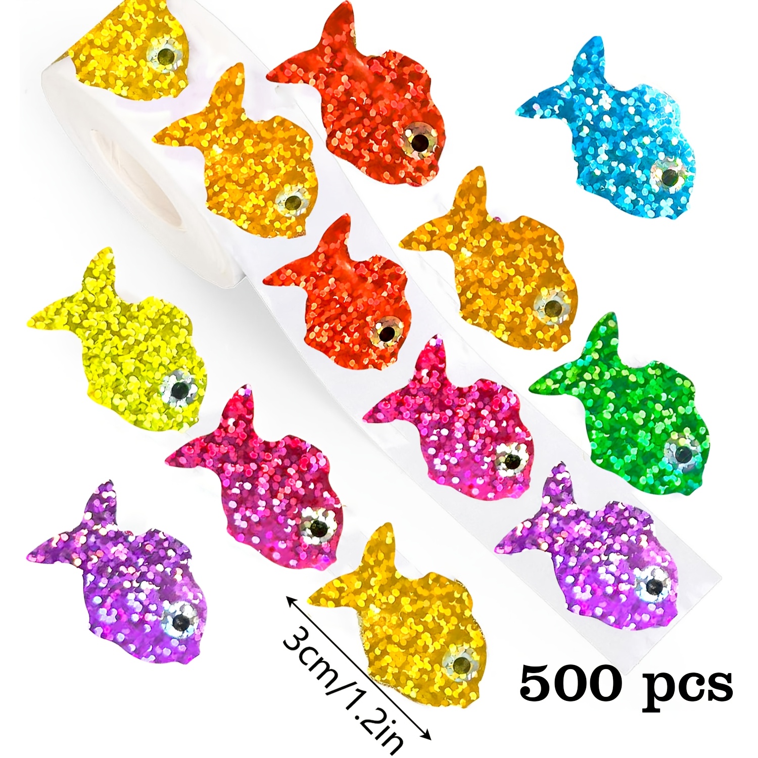 TEMU 500 stuks Holografische Laser Multicolor Vis Sticker Rol 3Cm/1.2In Onregelmatig Vormige Cartoon Sealing Labels voor Enveloppen, Tijdschriften,
