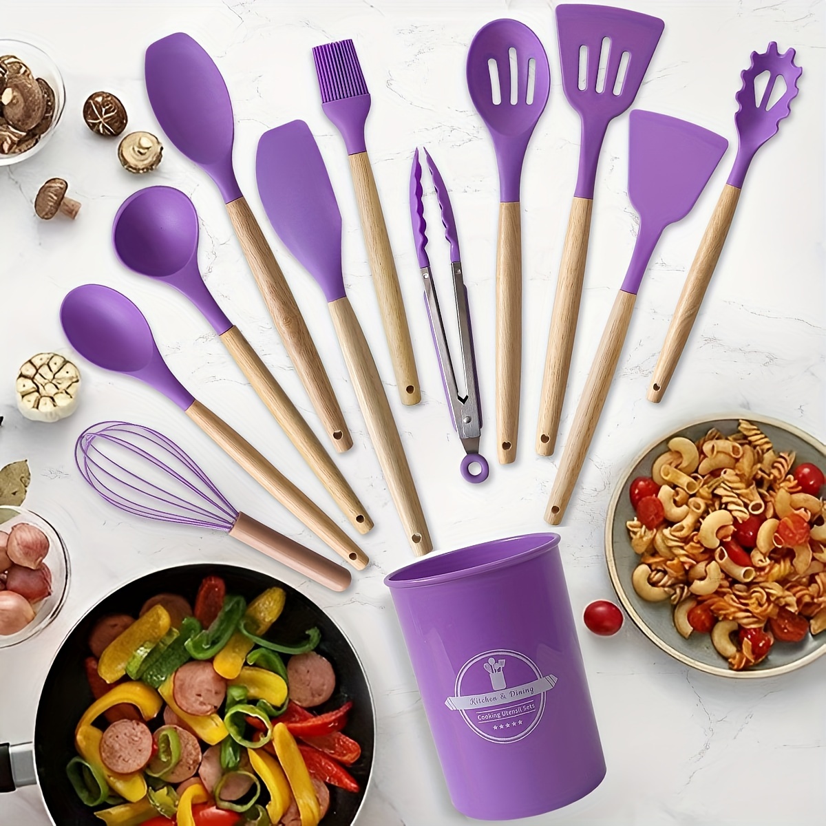 

12-piece Silicone Kitchen Utensil Set With Wooden Handles - Perfect For Christmas, , Easter, Hanukkah, And Thanksgiving