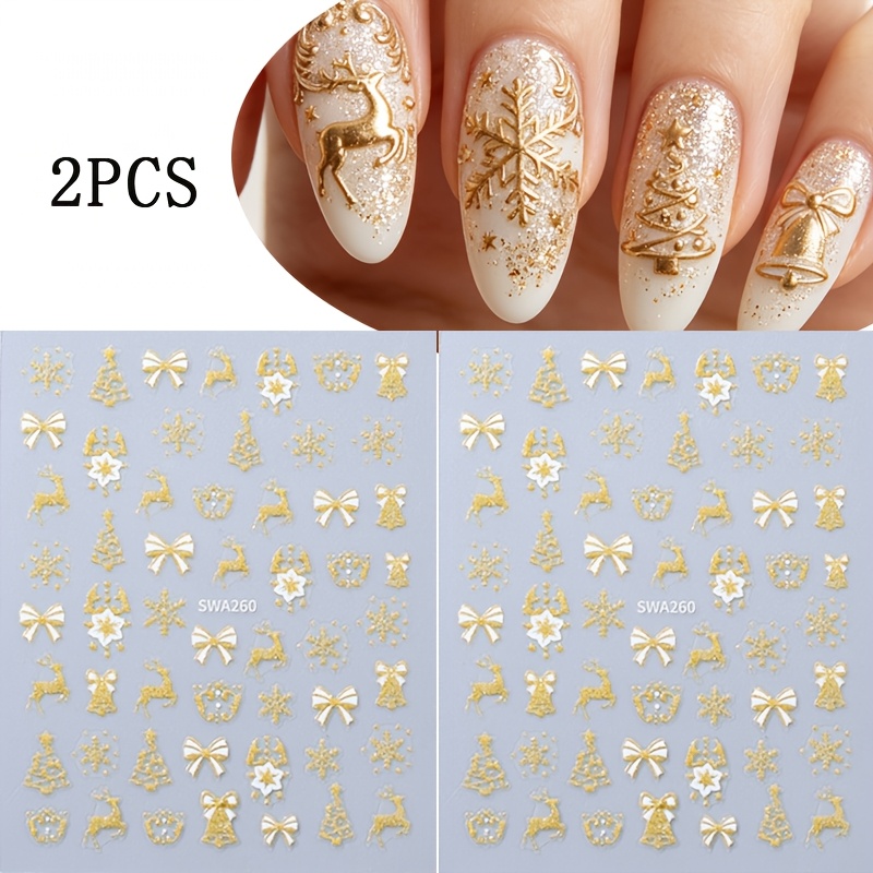 TEMU 2 Sheets Christmas Nail Stickers, Golden Snowflake Elk Christmas Tree Bow Pattern Self Adhesive Nail Decals, Diy Nail Art Decorations, Cute Nail