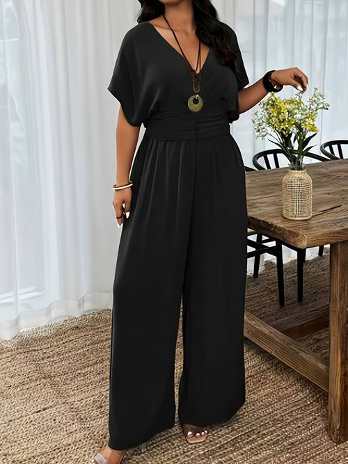 item picture plus size plus size spring summer womens short sleeve solid color casual wide leg jumpsuit