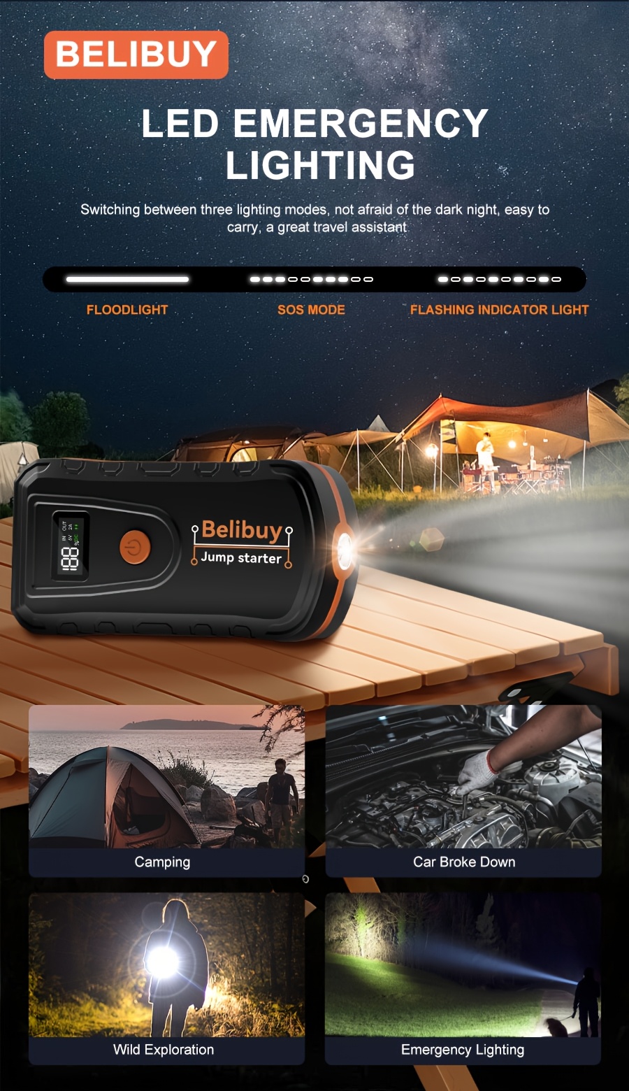 Démarreur d'urgence portable pour voiture - Chargement USB, batterie rechargeable | Conception en ABS noir, convient aux véhicules tout-terrain et aux aventures en plein air, alimentation de secours | Dispositif d'urgence compact | Structure robuste | Affichage numérique, charge rapide