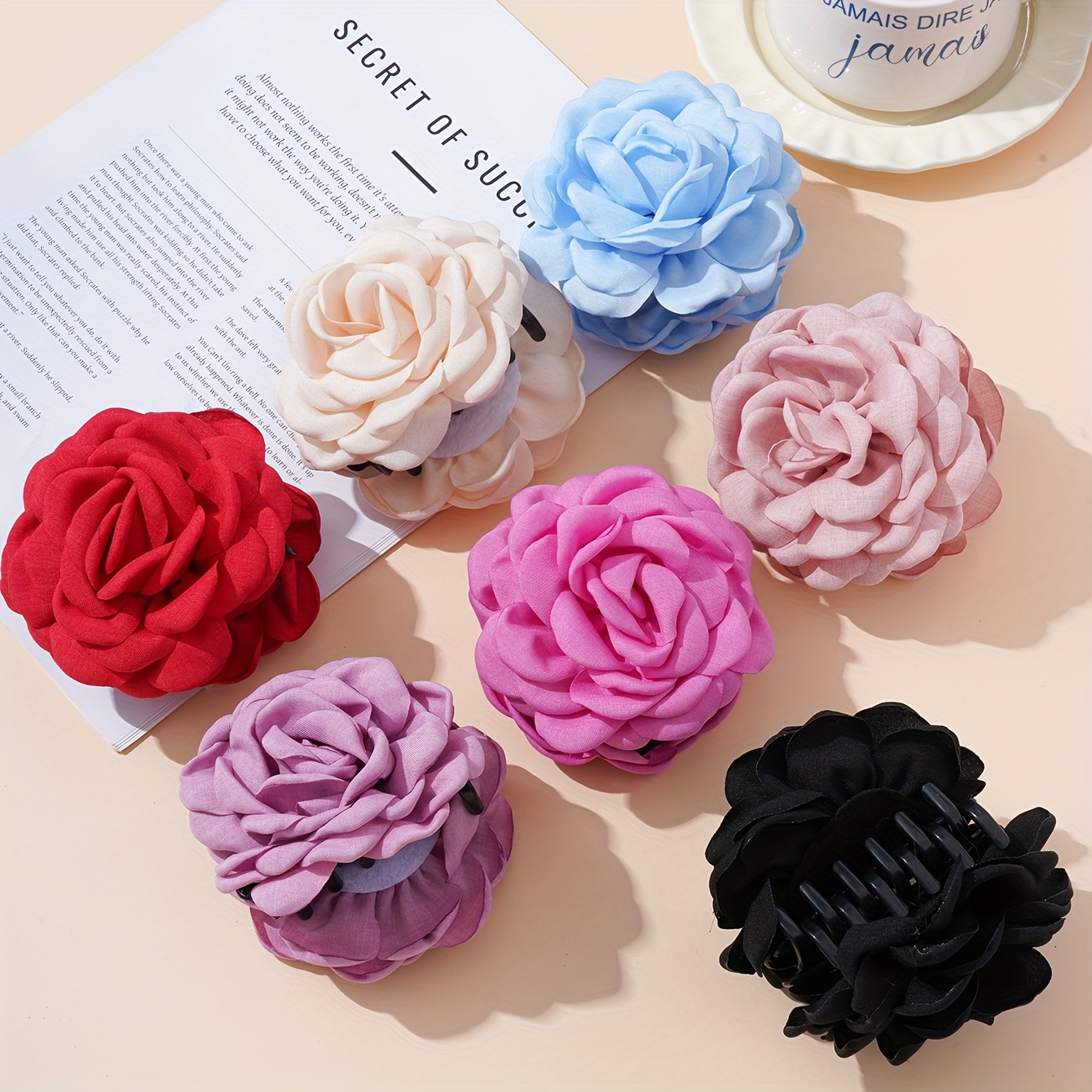 TEMU 7pcs Set Elegant Fabric Rose Hair Clips, Solid Color Bohemian Style Floral Hair Accessories, Perfect For Women' Wear And Parties