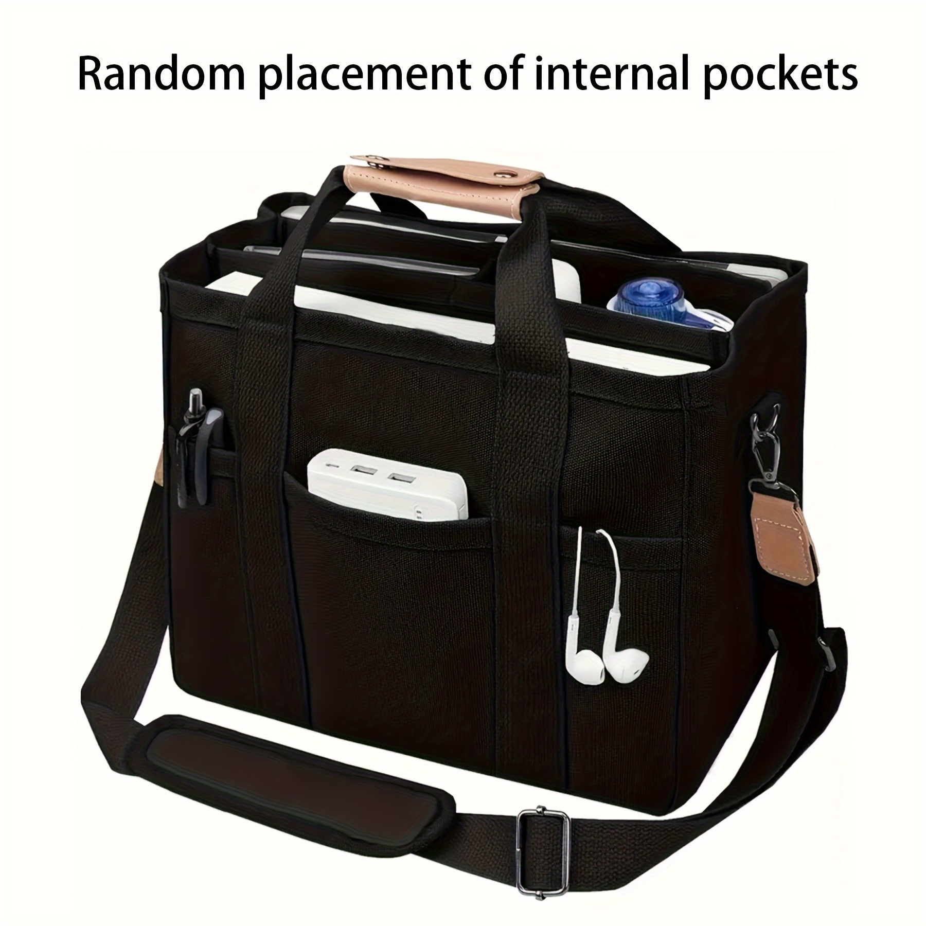 TEMU Casual Canvas Tote Bag Large Capacity Multi-compartment No-closure Handbag For Work, Shopping, School - Washable