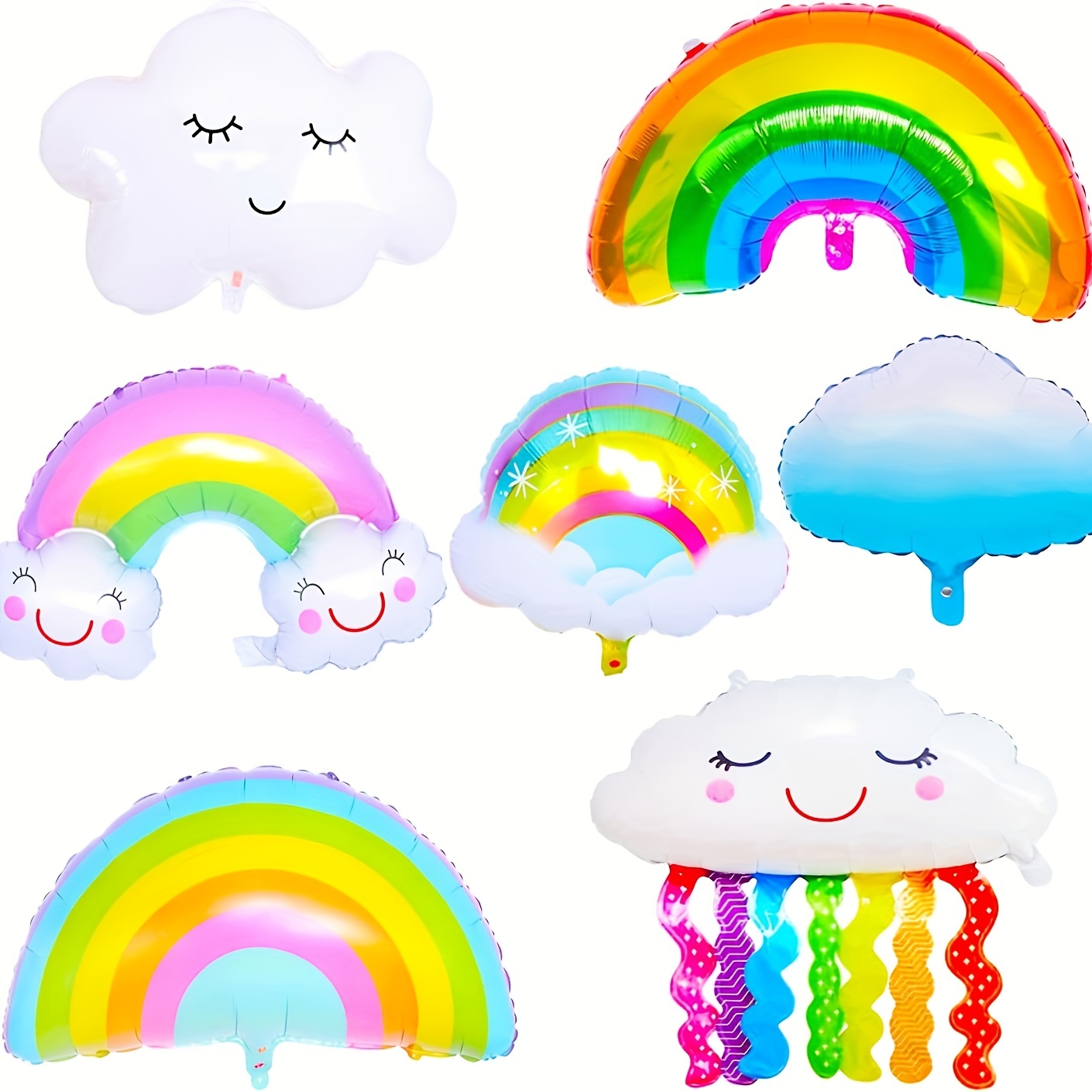 

7pcs Rainbow Cloud Foil Balloons, Large & Assorted Styles, Self-sealing, Perfect For Birthdays, Reunions, Summer Parties - Includes Curling Ribbon, Enhances Party Atmosphere, Suitable For Ages 14+