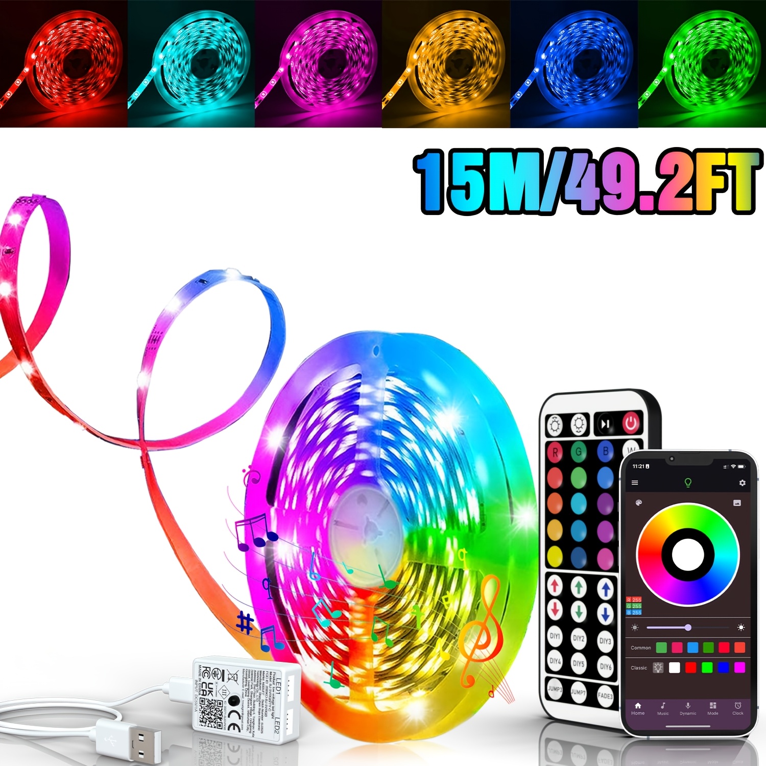 TEMU Bande Lumineuse LED RGB Intelligente 16Ft-100Ft avec Télécommande et via Application, Synchronisation , Minuterie, Éclairage Multi-Couleurs,