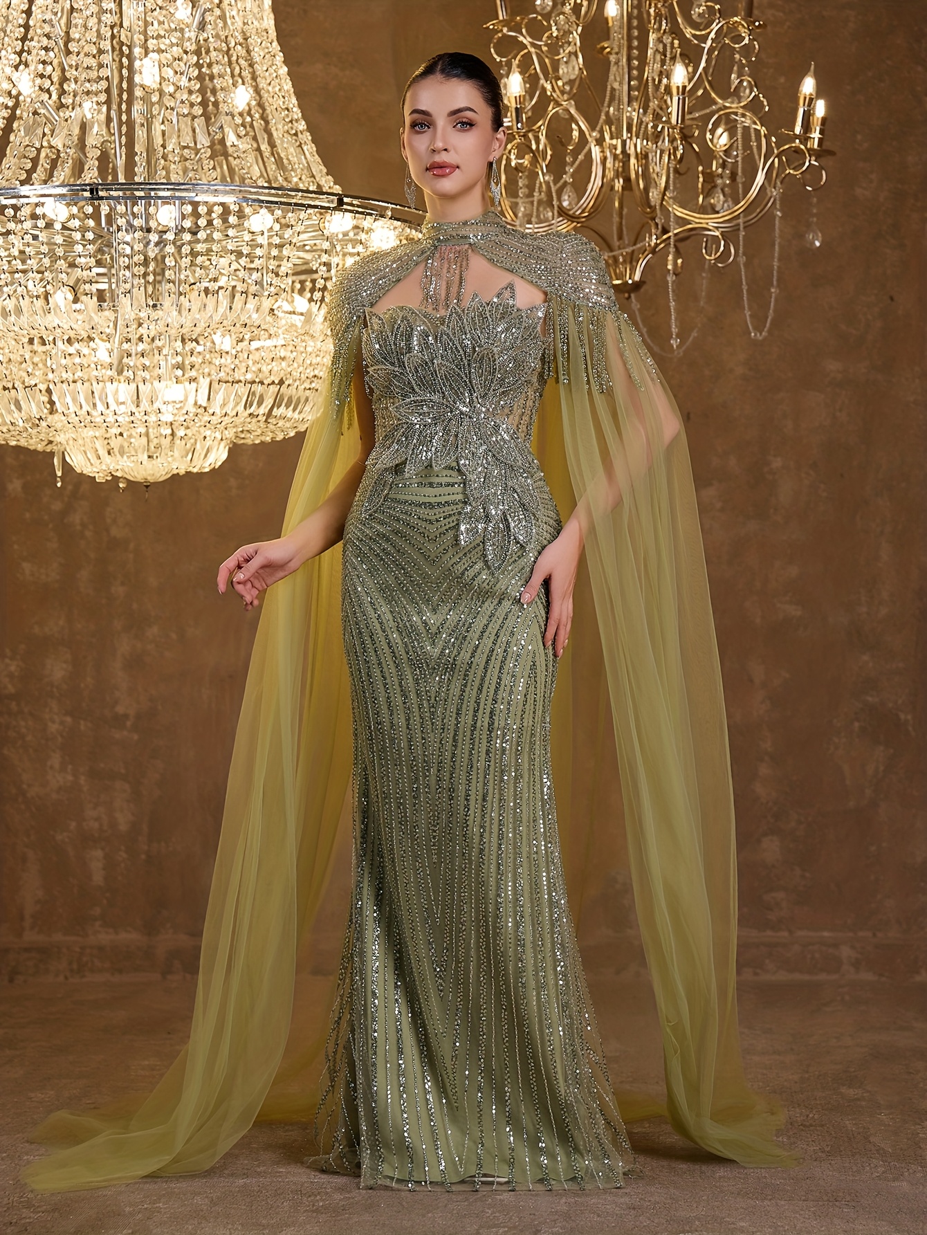 An Elegant Evening Gown Featuring a High Neckline 3d