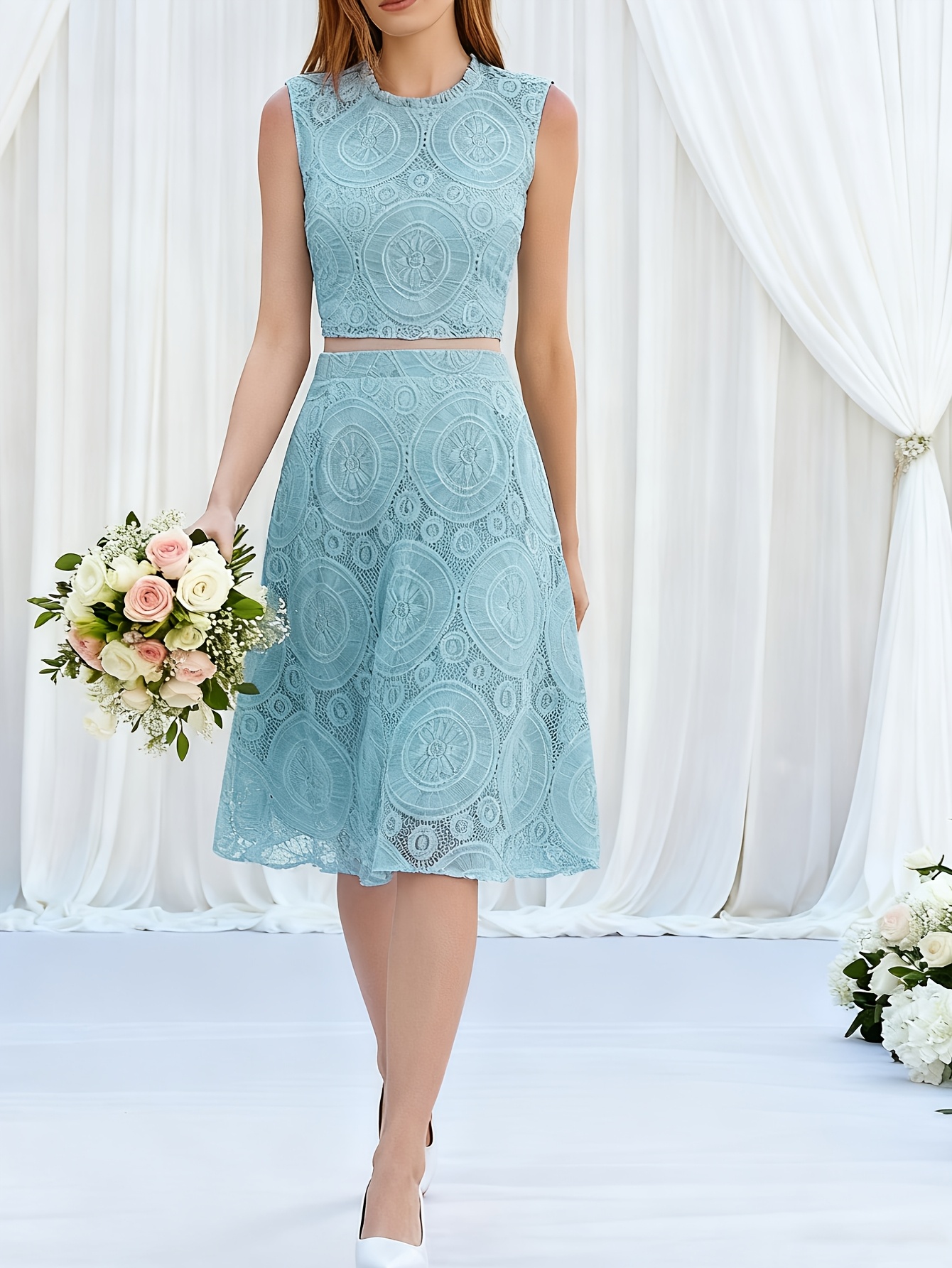 rehearsal dinner dresses for bridesmaid Two Piece Ivory Lace Top Tulle Bottom Country Wedding Bridesmaid Dress –  AlineBridal main image 0