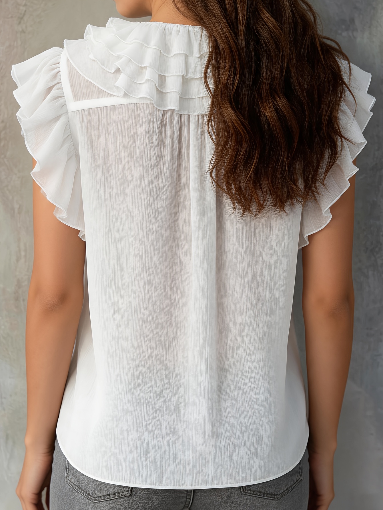 French Ruffle V Neck Chiffon Top Women New