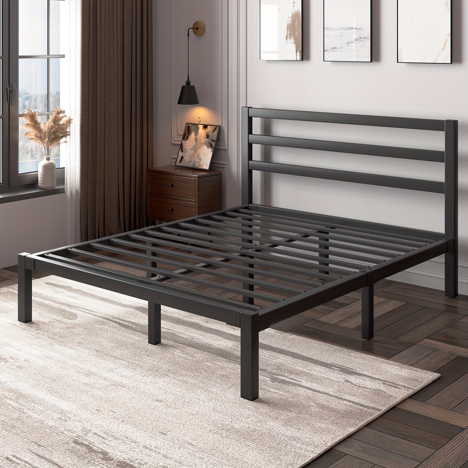 metal platform bed frame with slatted headboard under bed storage sturdy metal slats   spring needed black white twin full queen king