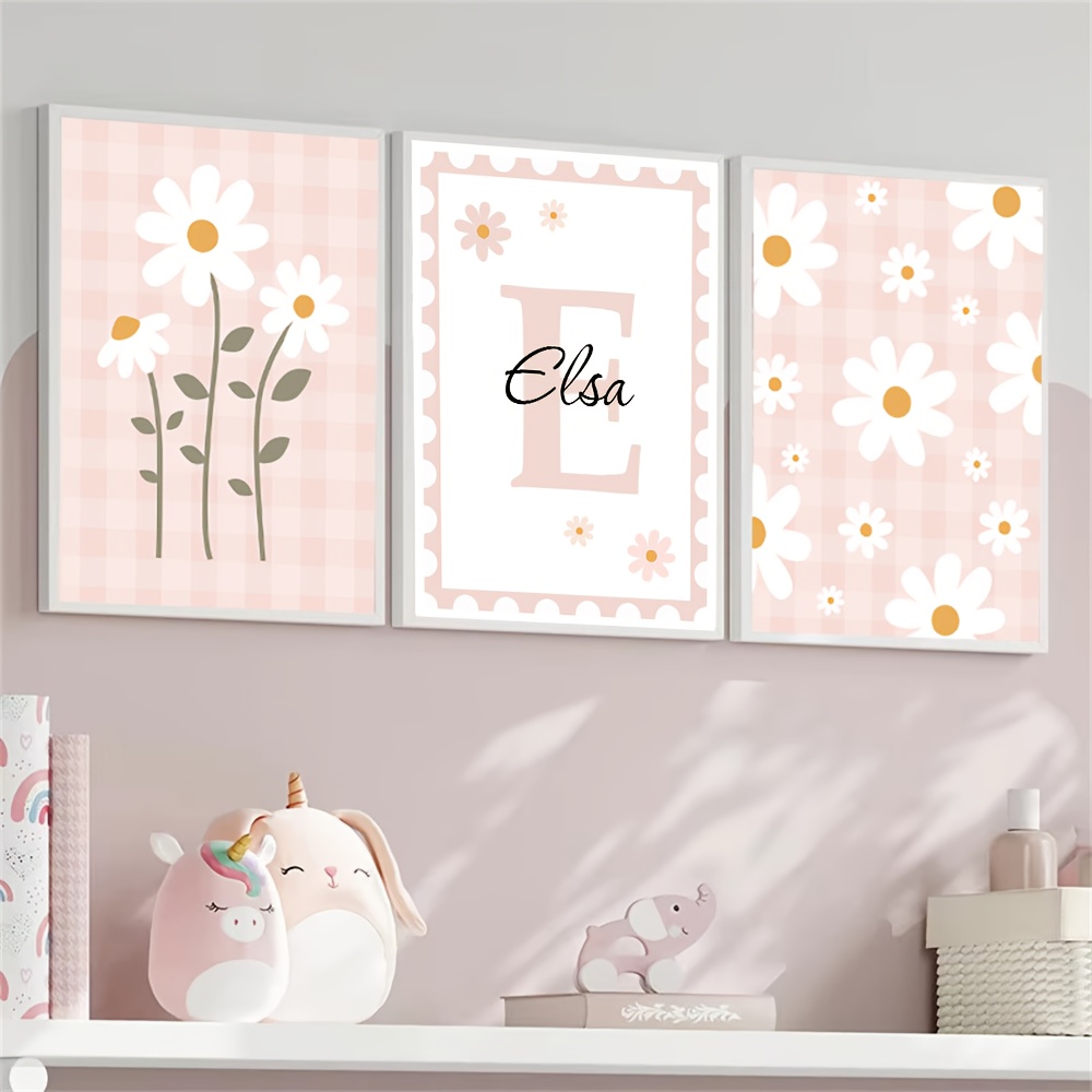 TEMU Ensemble de 3 affiches personnalisées sur toile 2D, motif de marguerites , imprimés bohèmes , floraux roses, pour d'enfants, les et de filles,