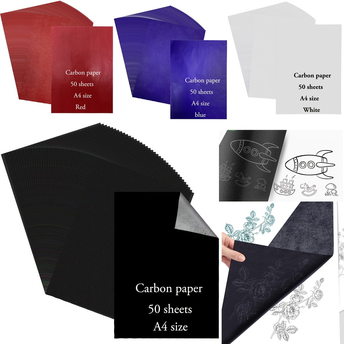 

50-pack A4 Size Carbon Paper Sheets, Single-sided, Durable, Reusable, Clear Copying Paper For Drawing, Sketching, And Crafting - Black, White, Blue, Red