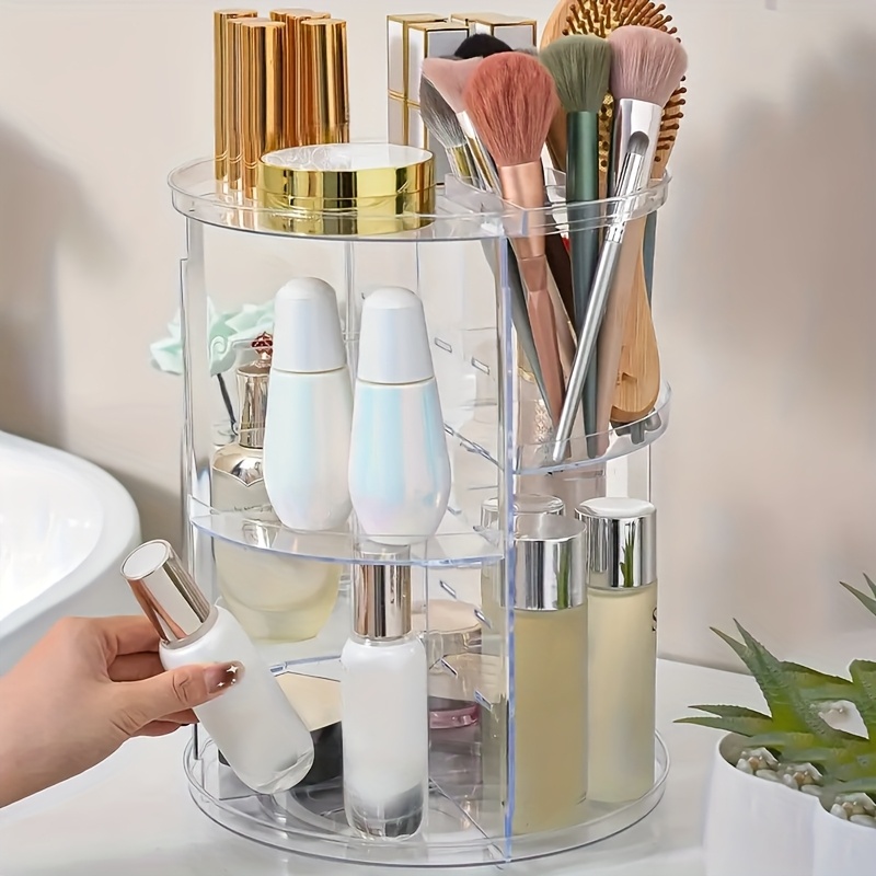 

1pc Clear Acrylic Cosmetic Organizer - 360° Rotating Freestanding Makeup Storage Holder For Skincare, Lipsticks - Ideal For Dorm & Bathroom Vanity Without Electricity