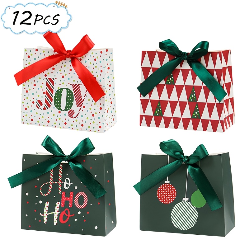 TEMU 12/24 boîtes cadeaux de Noël en papier avec nœud de ruban de satin de luxe, de Noël Joy Lettre Mini sapin de Noël Impression de boule, petites