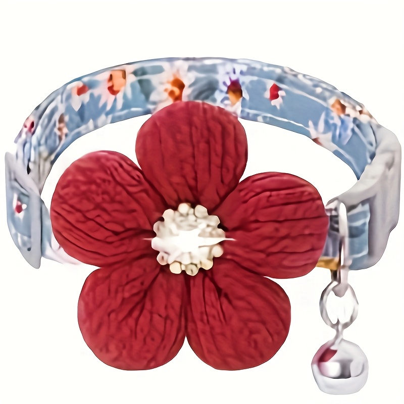 floral dog collar with 3d flower charm and detachable bells suitable for small dogs and cats soft adjustable polyester pet collar with pink white floral pattern   accessory Product details 6