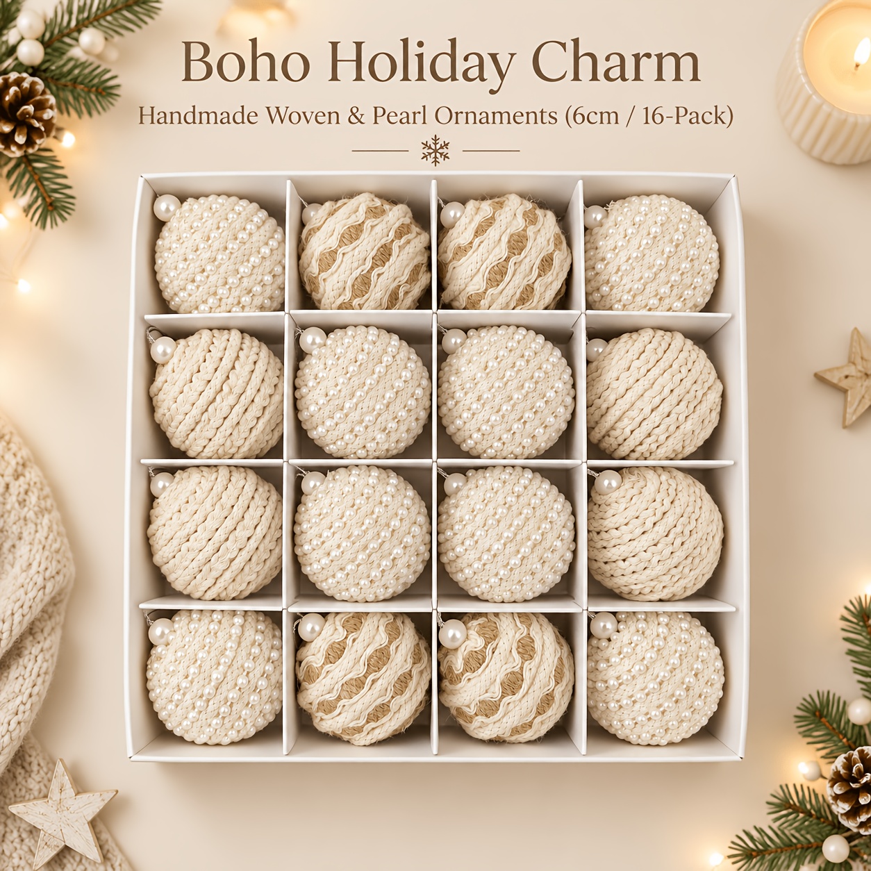 TEMU Ball Ornaments16pcs Of 6cm And 9pcs Of 8cm Gift Box-packaged Handmade Christmas Balls, Featuring 3 Craft Styles: Pearl Lace Christmas Tree