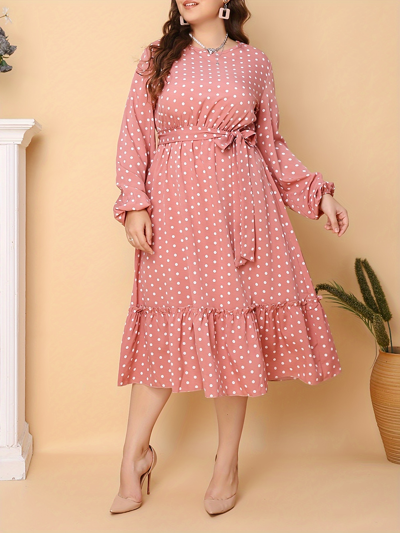 Women's Polka Dot Print Long Sleeve Dress Women V-neck High Waist Large ...