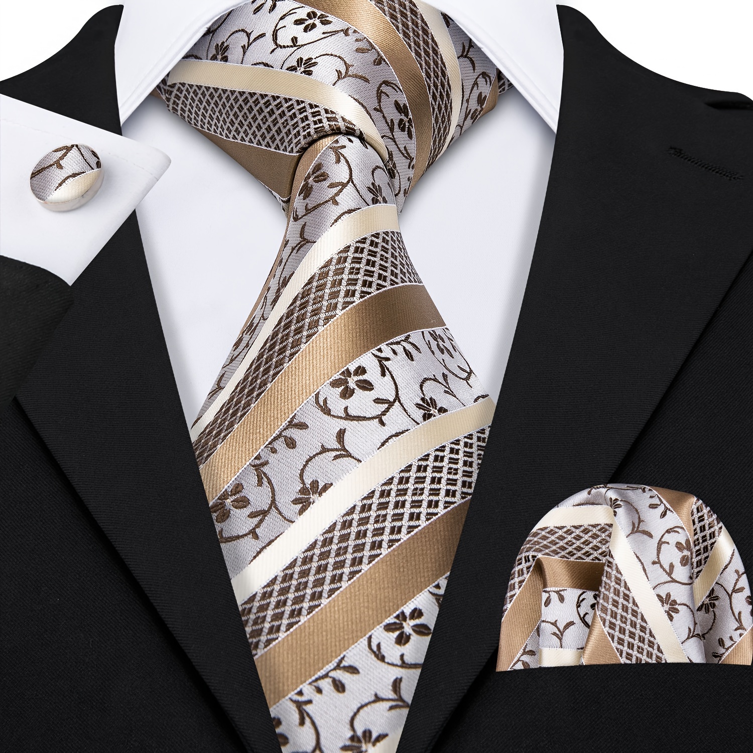 

Lineziseid Brown Striped Paisley Silk Men's Necktie Pocket Square Cufflinks Set Formal