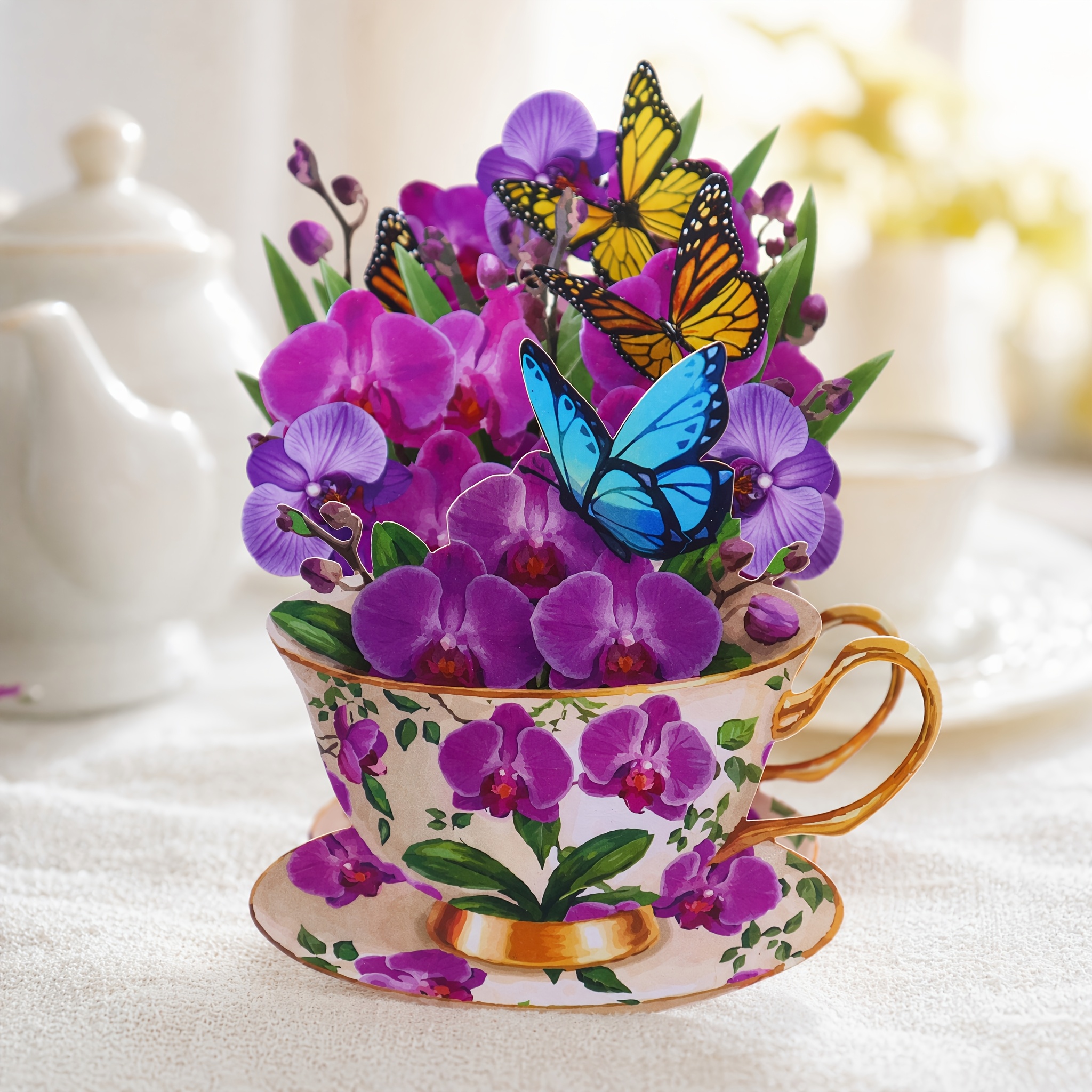 TEMU 1pc Purple Phalaenopsis Orchid 3d Teacup Shape Pop-up Greeting Card With Envelope Message Card Handmade Suitable For Mother's Day Birthday