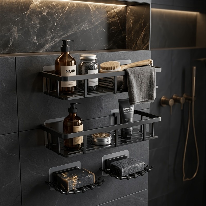 TEMU 4pcs Set Black No-drill Wall-mounted Storage Rack, Heavy-duty Plastic Organizer With Hooks, Space- Wall Shelf, Suitable For Bathroom, Shower,