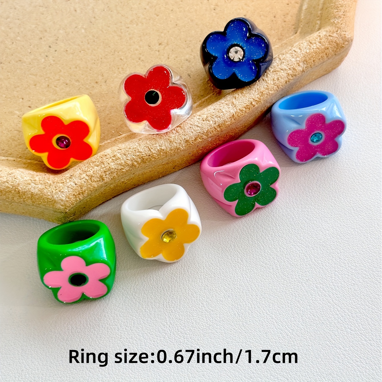 7pc Colorful Flower Resin Ring Set, Fashionable Gift