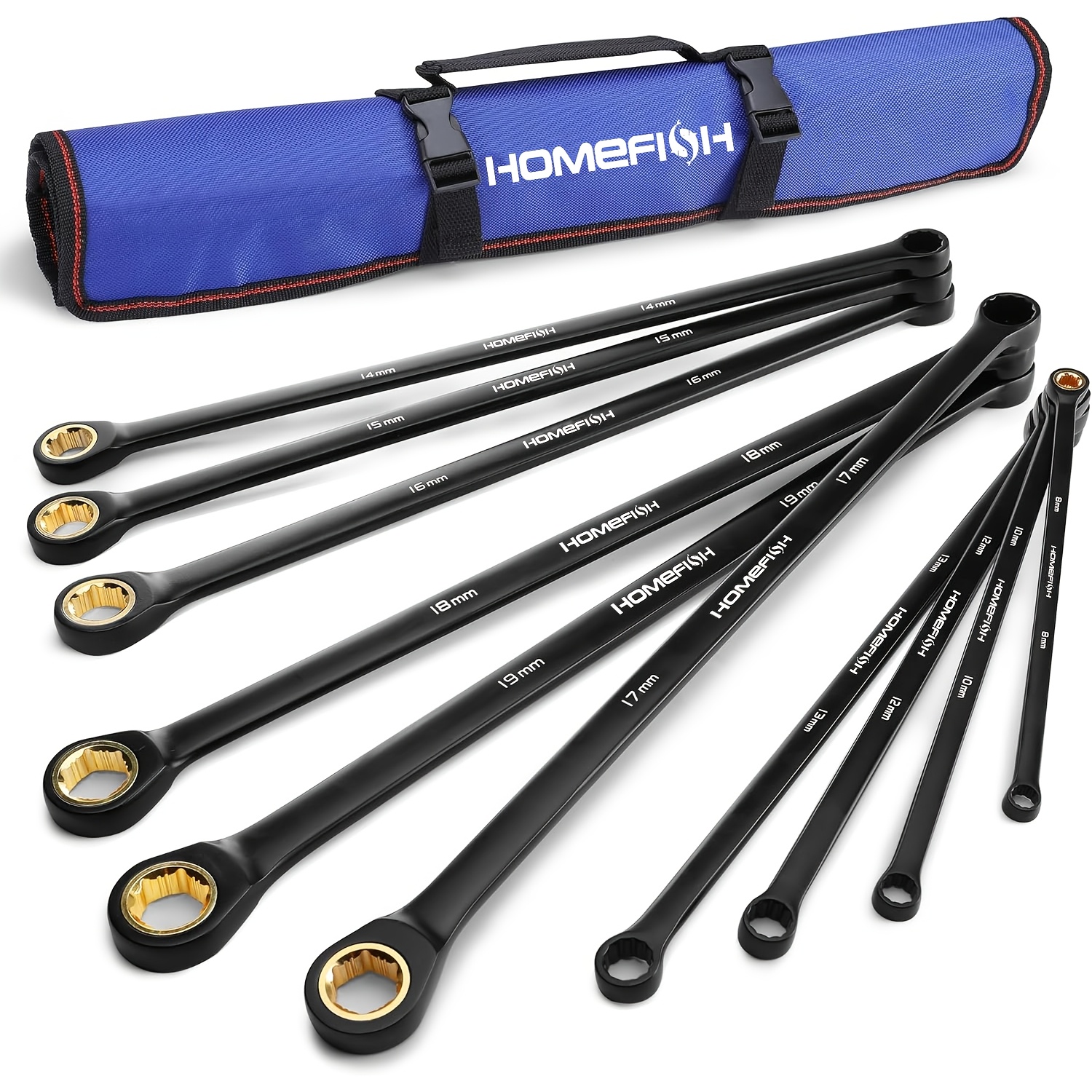 TEMU Homefish Extra Long Ratcheting Wrench Set, 10pcs Anti-slip Wrenches Set, Metric 8-19 Mm, 72-teeth, And Black Electrophoretic Coating Wrenches