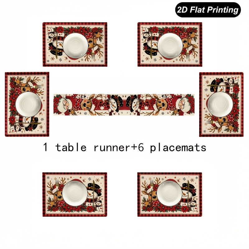TEMU Chemin de table et sets de table 5/7 pièces 2D plat Père Noël, de neige, , poinsettia, 1 chemin de table + 4/6 sets de table, décorations de