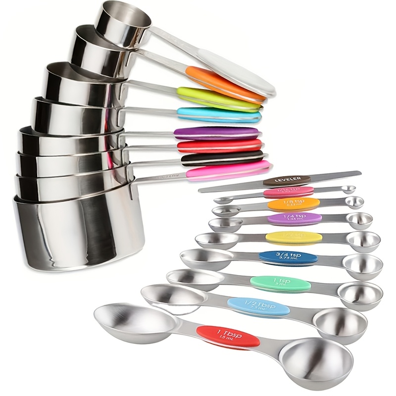 Temu – TEMU 10pcs Stainless Steel Measuring Spoons Set With 5 Soft Non-slip Silicone Handles, Heavy Duty Metal Measuring Tools For Dry And Liquid