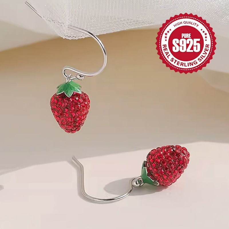 

925 Sterling Silver Drop Earrings Sparkling Strawberry Design Paved Shining Zirconia High Quality & Hypoallergenic Jewelry