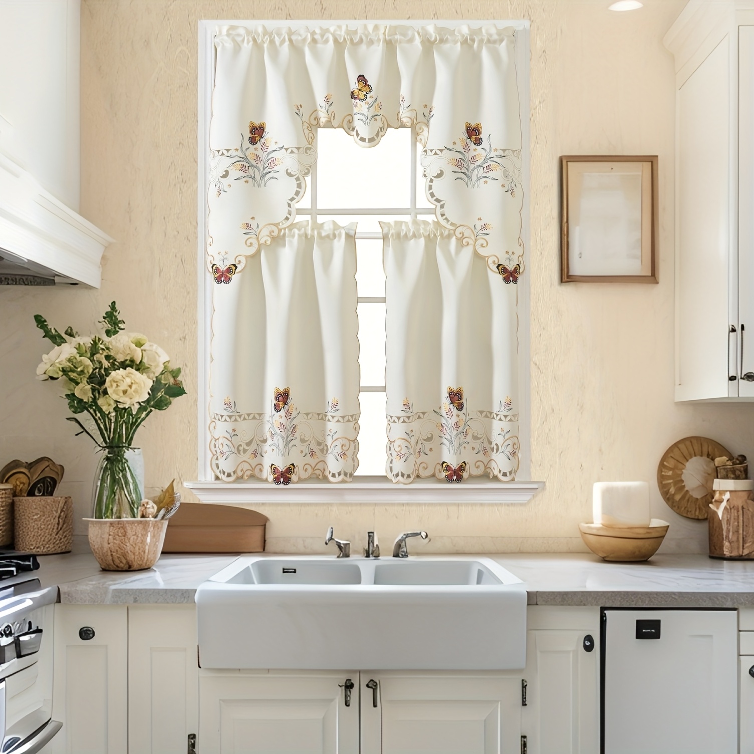 Image of 3pcs Polyester Satin Fabric With Colorful Embroidery Floral Curtain, And Hand-cutting Technique, Rod Pocket Window For Room Bedroom Bathroom Decoration, Wedding And Party, Holiday Ornaments