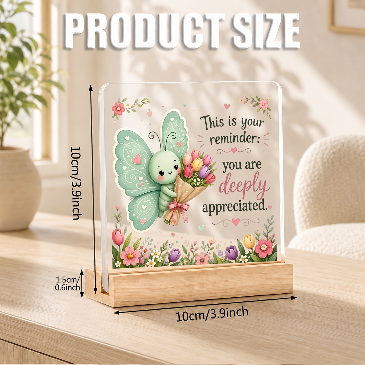 TEMU 1pc Acrylic Desktop Decoration Stand Cartoon Green Bouquet "you Are Appreciated" Holiday Ornament, Desktop Decor, Suitable For Work, Study, Bar