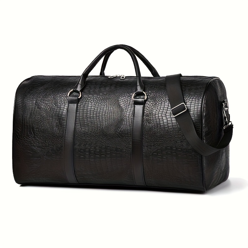 Image of [vintage Duffel Bag] Large Capacity Vintage Crocodile Pattern Duffel Bag | Retro Versatile Vacation Tote | Black And Dark Brown Travel Luggage