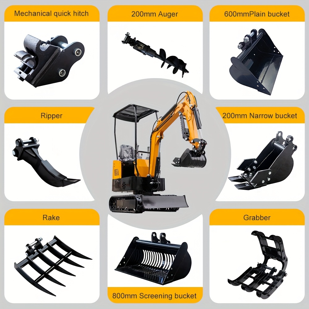 set of 8 mini excavator attachments including   narrow bucket   rake auger   and screening bucket for small     in   Product details 1