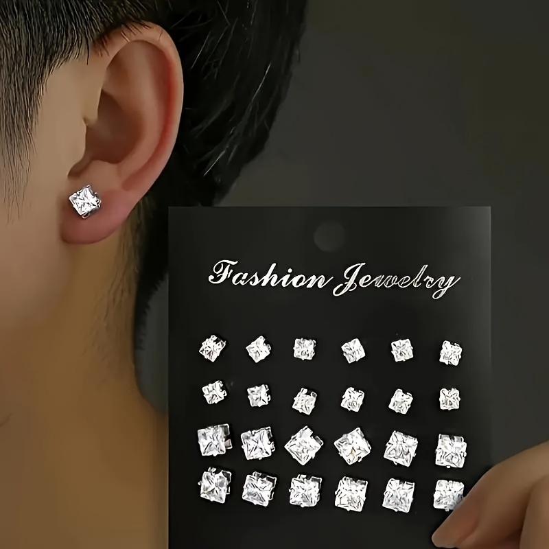 

12-pair Set Elegant Square Cubic Zirconia Stud Earrings For Men, Fashion Simple Iron Non-plated Stainless Steel Post Ear Studs, Hypoallergenic Casual Daily Jewelry Gift