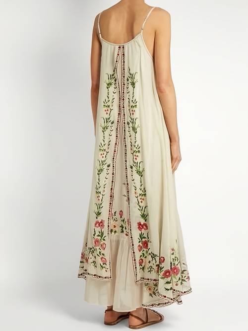 1pc womens floral print sleeveless maxi dress casual polyester spaghetti strap loose fit asymmetrical hem long dress machine washable versatile for office party picnic clothing lightweight fashion