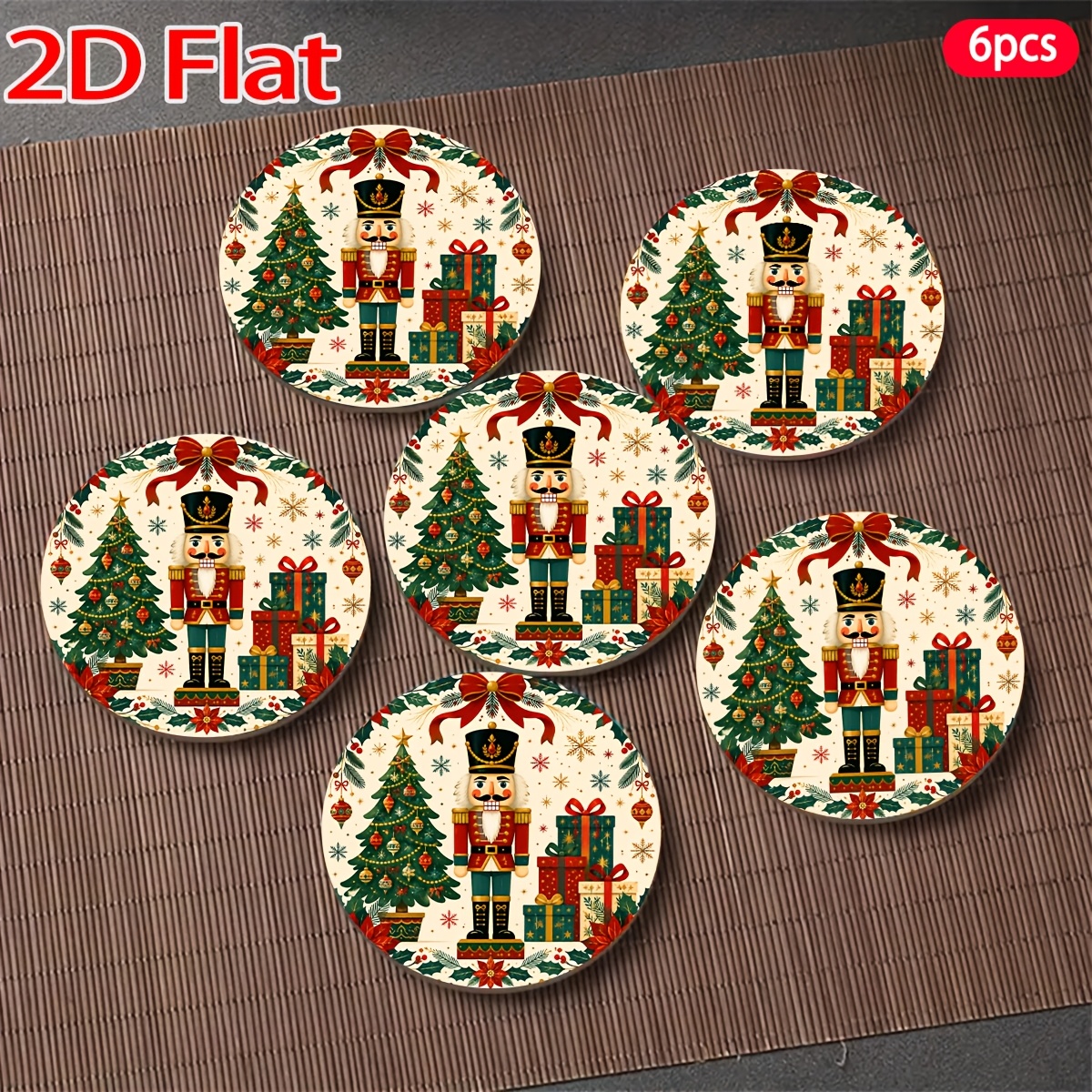 TEMU 6pcs Nutcracker Coasters Suitable For Christmas Decoration, Wood Table Protectors With Nutcracker Patterns, For Home Party, Coffee Shop,
