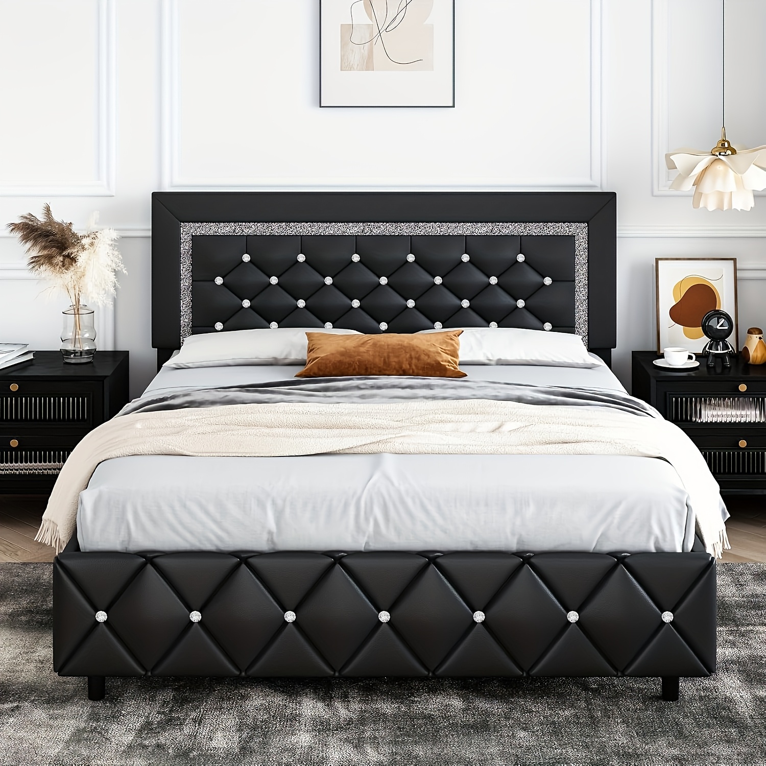 TEMU Full Queen King Upholstered Bed Frame, Diamond Tufted Headboard, Leather Bed Frame With Headboard & Footboard, Wooden Slats Support, Spring