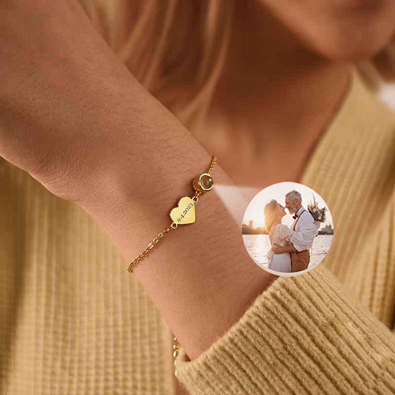 TEMU Custom Photo Bracelet Stainless Steel Personalized Heart Name Projection Bracelet Fashionable And Easy Women's Bracelet Custom Memorial Jewelry