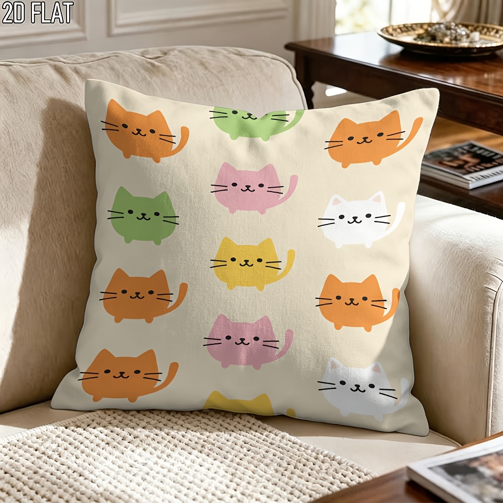 artikel foto 2d plat -   2d dubbelzijdig bedrukt kleurrijk kattenpatroon, niet-realistische borduurwerk, ritssluiting, machinewasbaar, decoratieve kussensloop, geschikt voor woonkamer bank, slaapkamer, kantoor, binnenplaats en buiten zitdecoratie
