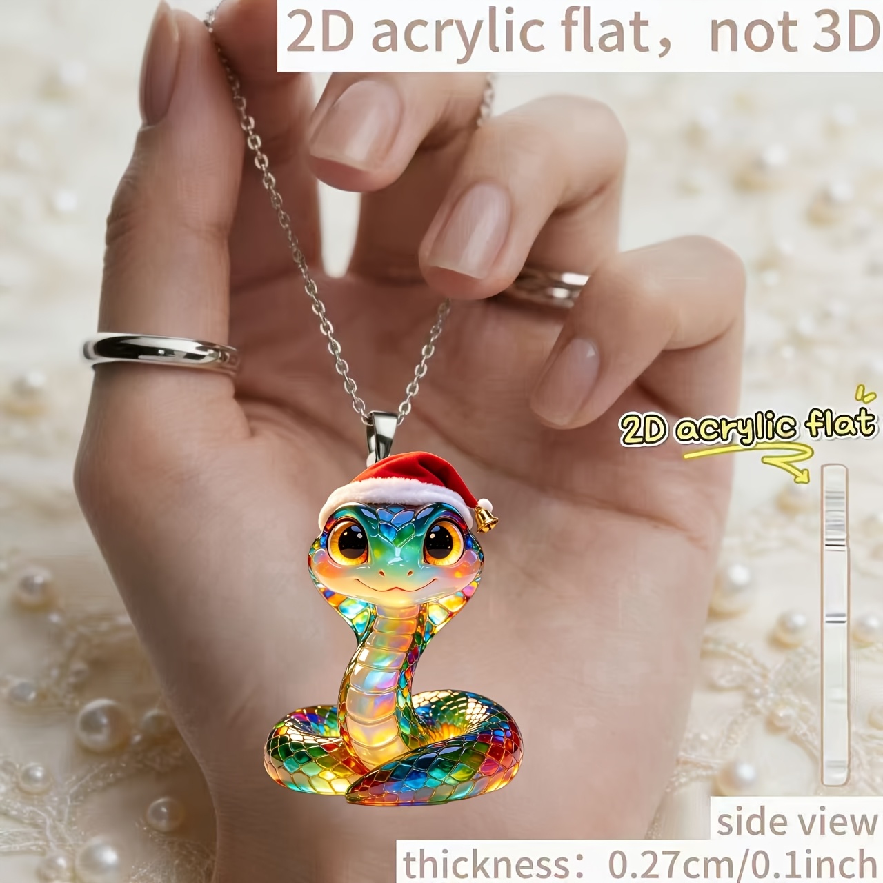 2D Flat Acrylic Snake Santa Hat Necklace, Fun Gift Idea